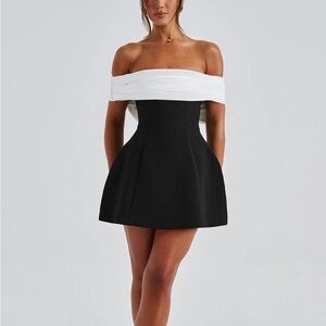 Elegant Off-Shoulder Black and White Dress